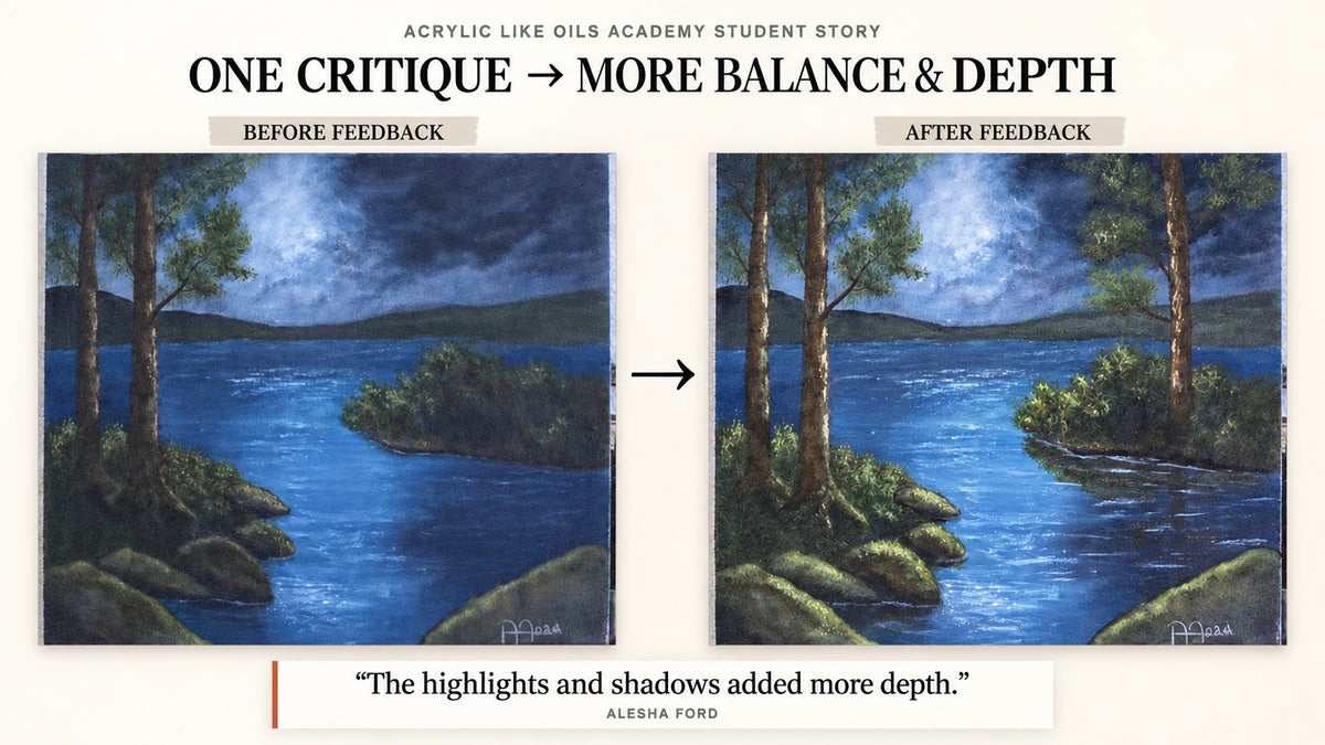 Alesha Ford's painting before and after Feliks's critique