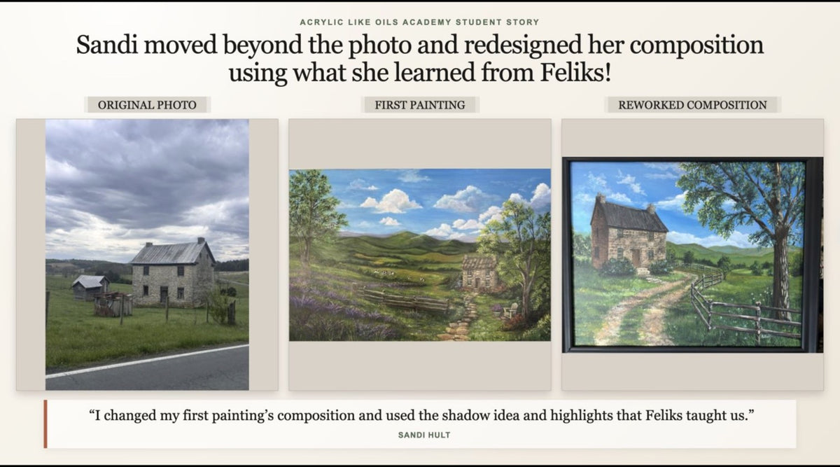 Sandi Hult's original photo, first painting and reworked composition