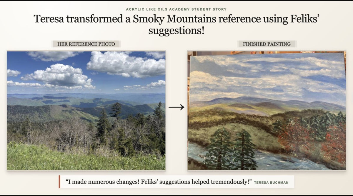 Teresa Buchman's Smoky Mountains reference and finished painting