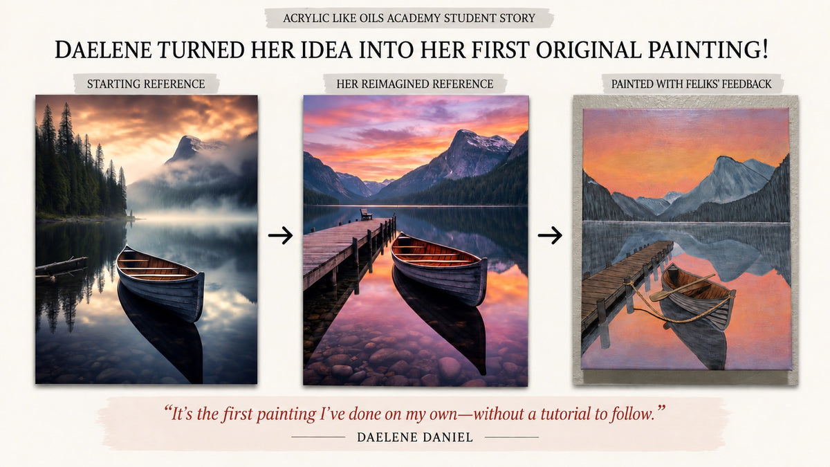 Daelene Daniel's starting reference, reimagined reference and first original painting