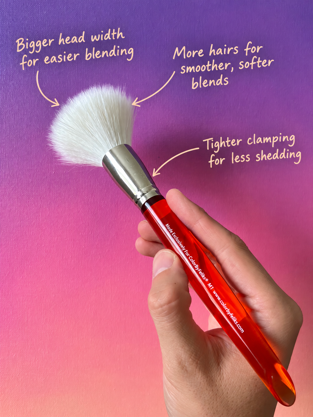 New red-handle M1 brush: bigger head width for easier blending, more hairs for smoother softer blends, and tighter clamping for less shedding.