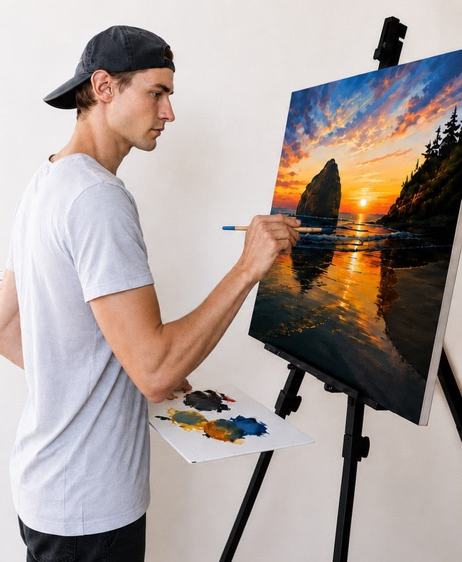 Feliks painting an original acrylic landscape